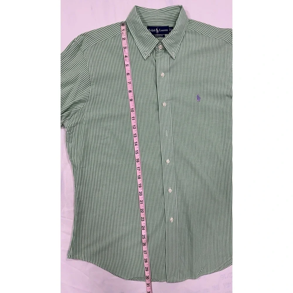 Polo Ralph Lauren Classic Fit Button Down Dress Shirt Green & White Purple Logo